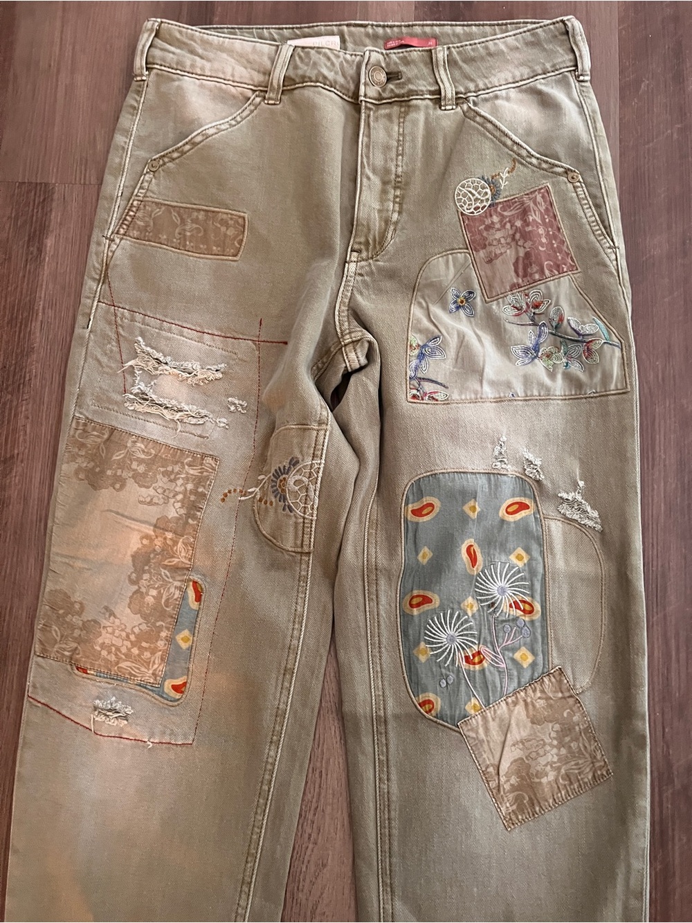 Pilcro for Anthropologie Embroidered Patchwork Olive Denim Jeans. Sz 26 - Picture 2 of 9